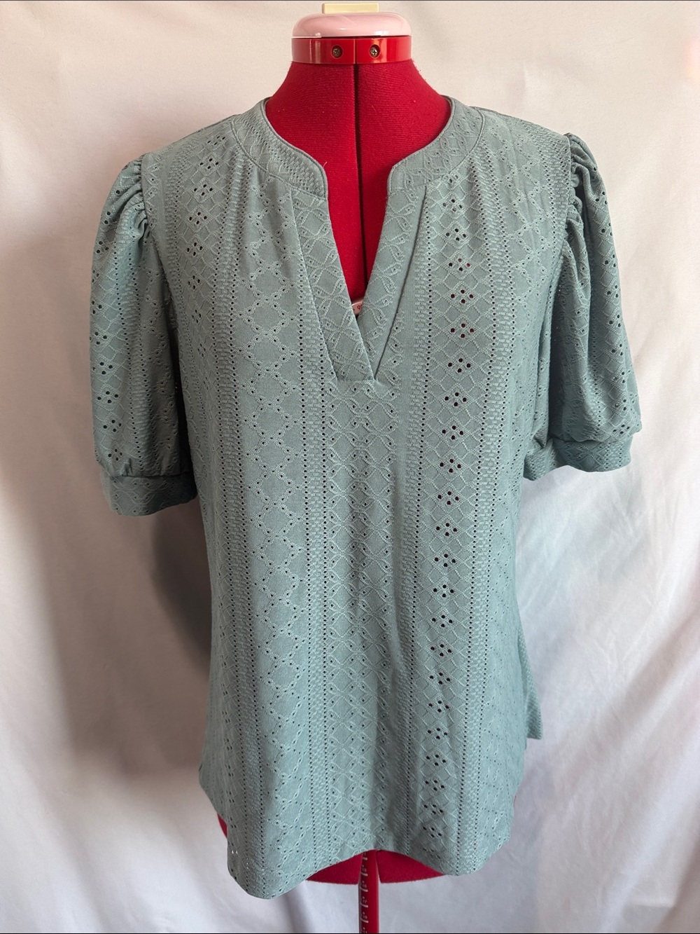 Eyelet Split-Neck Puff Sleeve Tunic Top in Sage